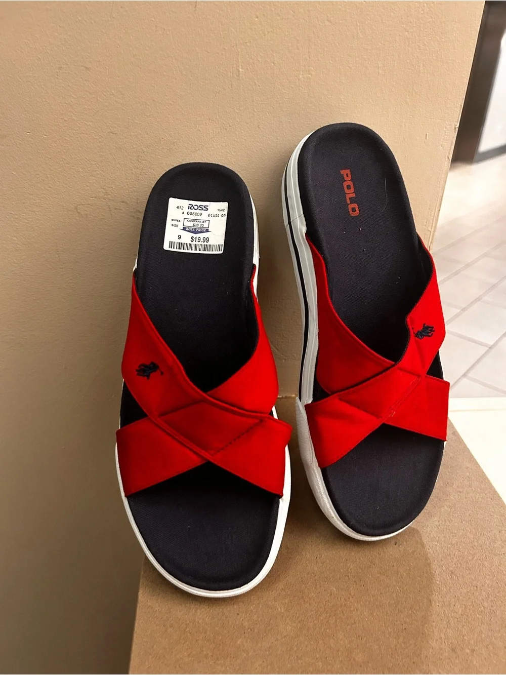Polo by Ralph Lauren Red Cross-Strap Black Footbed White Sole Slide Sandals 11 B